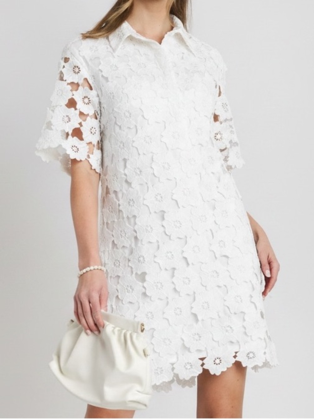 Umgee+ White Floral Cut Out Lace Overlay Button Front Collar Shirt Dress | 2X